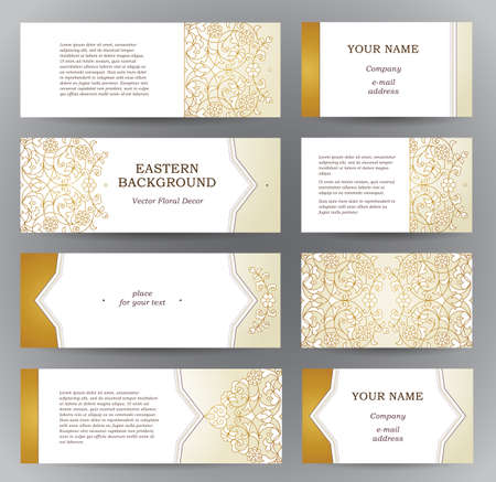 Vector set of ornate horizontal cards in oriental style. Golden outline floral decor. Template vintage Eastern frame for Ramadan Kareem greeting, business card. Labels and tags with place for text.のイラスト素材