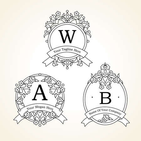Vector template in Victorian style. Ornate element for design. Place for company name, slogan, monogram. Floral outline ornament for business card, boutique brand, certificate, business sign.のイラスト素材