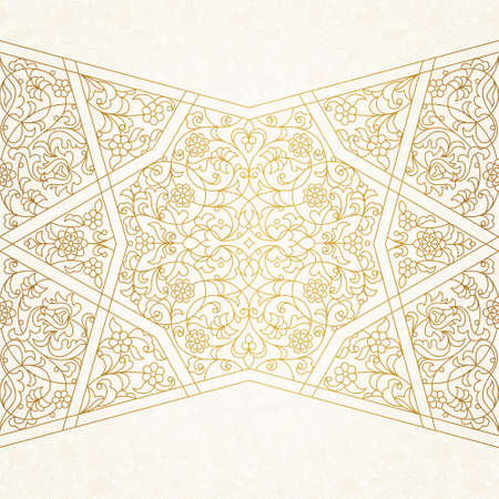 Vector seamless border with outline floral ornament. Vintage design element in Middle Eastern style. Ornamental lace tracery. Ornate golden wallpaper. Traditional arabic decor on light background.のイラスト素材