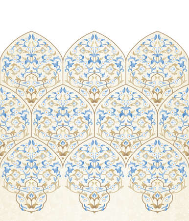 Vector seamless border in Eastern style on light background. Ornate element for design. Place for text. Ornament for wedding invitations, birthday and greeting cards. Floral oriental decor.のイラスト素材