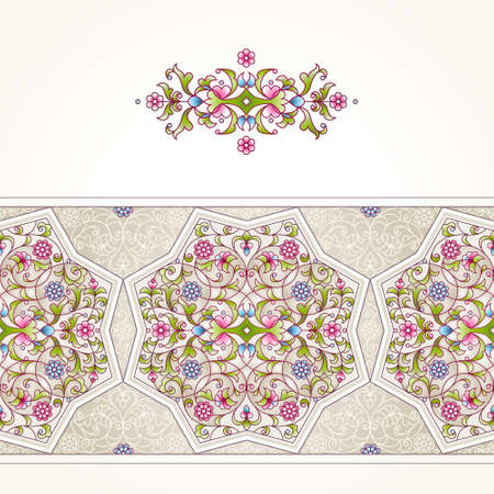 Vector seamless border in Eastern style on light background. Ornate element for design. Place for text. Ornament for wedding invitations, birthday and greeting cards. Floral spring oriental decor.のイラスト素材