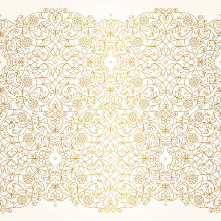 Vector seamless border in Eastern style. Ornate line art element for design. Place for text. Ornament for wedding invitations, birthday and greeting cards. Floral golden oriental decor.のイラスト素材