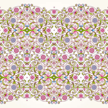 Vector seamless border in Eastern style on light background. Ornate element for design. Place for text. Ornament for wedding invitations, birthday and greeting cards. Floral spring oriental decor.のイラスト素材