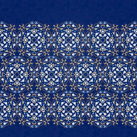 Vector seamless border in Eastern style on dark blue background. Ornate element for design. Ornament for wedding invitations, birthday and greeting cards. Bright floral oriental decor.のイラスト素材