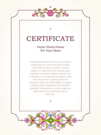 Vector floral frame in Eastern style. Certificate template with light tracery. Elegant design element. Ornate pastel border. Deluxe decor for poster, booklet, card, wedding invitation, certificate.のイラスト素材