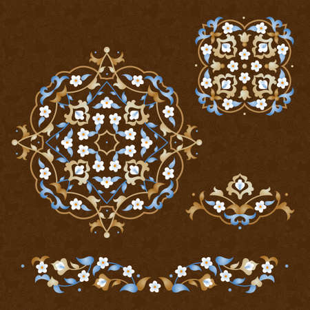 Vector set of vintage vignettes in Eastern style. Ornate element for design. Ornamental pattern for wedding invitations, birthday, greeting cards. Traditional floral decor. Elegant illustration.のイラスト素材