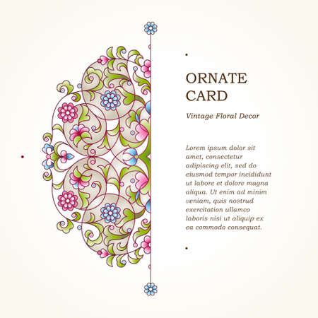 Vector floral illustration in Eastern style. Ornate element for design. Place for text. Colorful ornament for wedding invitations, birthday and greeting cards, thank you message. Bright elegant decor.のイラスト素材