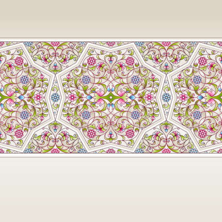 Vector seamless border in Eastern style on light background. Ornate element for design. Place for text. Ornament for wedding invitations, birthday and greeting cards. Floral spring oriental decor.のイラスト素材