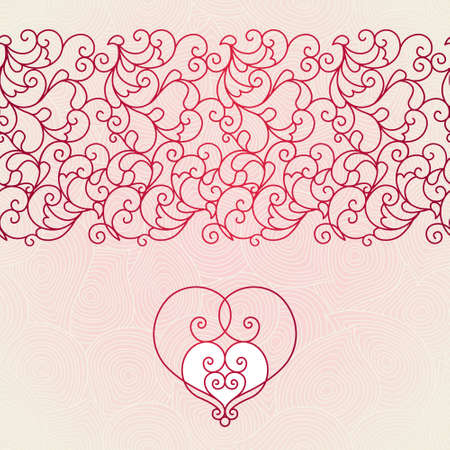 Vector scroll work seamless border in Eastern style. Mono line element for design. Ornamental vintage frame for invitation, greeting card, Valentine's card. Traditional red decor with ornate heart.のイラスト素材