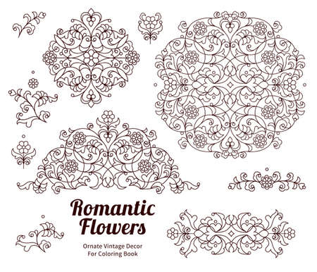 Vector set of vintage vignettes in Eastern style. Line art  element for design and place for text. Ornamental patterns for wedding invitations, birthday and greeting cards. Traditional outline decor. Mandala.のイラスト素材