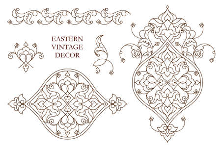 Vector set of vintage vignettes in Eastern style. Line art  element for design and place for text. Ornamental patterns for wedding invitations, birthday and greeting cards. Traditional outline decor.のイラスト素材