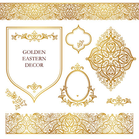Vector set of ornate frames, seamless borders for design template. Eastern style element. Golden outline floral decor. Luxury illustration for invitations, cards, certificate, thank you message.のイラスト素材