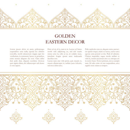 Vector set of line art seamless borders, vignettes for design template. Eastern style element. Golden outline floral decor. Mono line illustration for invitations, cards, thank you message.のイラスト素材