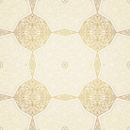 Vector seamless pattern with floral ornament. Vintage element for design in Eastern style. Lace golden tracery. Ornate floral decor for wallpaper. Traditional arabic decor on beige background.のイラスト素材