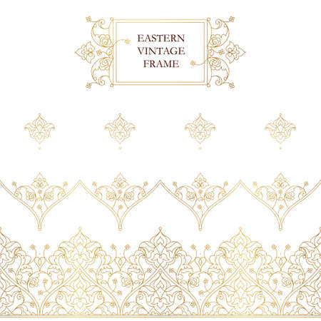 Vector set of line art seamless borders, frame for design template. Eastern style element. Golden outline floral decor. Mono line illustration for invitations, cards, thank you message.のイラスト素材