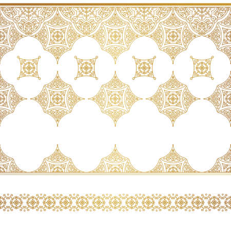 Vector set of line art seamless borders for design template. Eastern style element. Golden outline floral decor. Mono line illustration for invitations, cards, certificate, thank you message.のイラスト素材