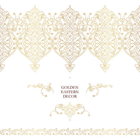 Vector set of line art seamless borders, vignettes for design template. Eastern style element. Golden outline floral decor. Mono line illustration for invitations, cards, thank you message.のイラスト素材