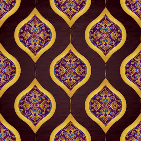 Vector seamless pattern with bright floral ornament. Vintage design in Eastern style. Ornamental lace tracery. Ornate floral decor for wallpaper. Traditional arabic illustration with golden elements.のイラスト素材