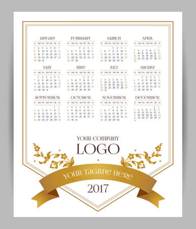 Vector calendar for 2017. Ornate decorated calendar grid. Golden floral decor, place for company logo and tagline, slogan. Template with week starts Sunday.のイラスト素材