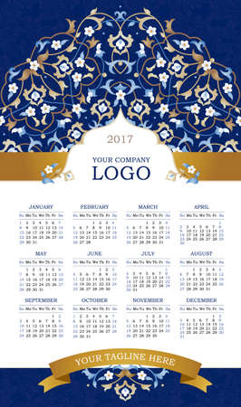 Vector calendar for 2017. Ornate decorated calendar grid. Bright floral decor, place for company logo and tagline, slogan. Blue flower and golden ribbon. Template with week starts Monday.のイラスト素材