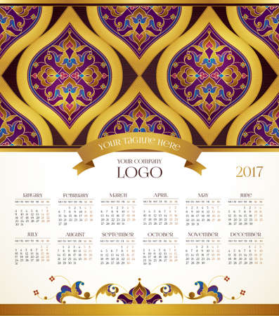 Vector calendar for 2017. Ornate decorated calendar grid. Golden floral decor, place for company logo and tagline, slogan. Template with week starts Monday.のイラスト素材