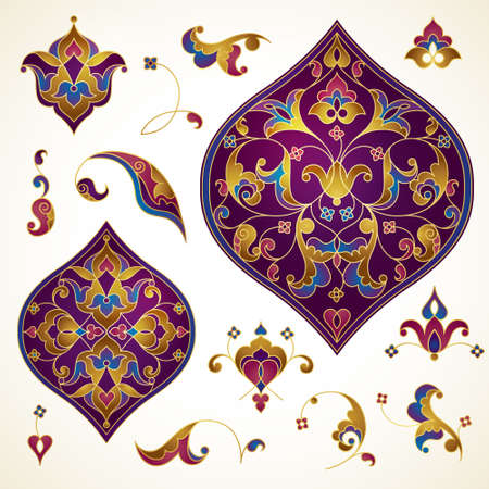 Vector set of vintage golden vignettes in Eastern style. Bright element for design. Ornamental patterns for wedding invitations, birthday, cards, Ramadan Kareem greetings. Traditional Islamic decor.のイラスト素材