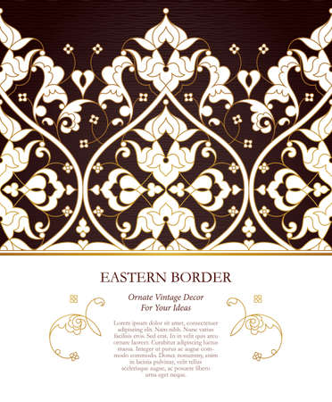 Vector border in Eastern style. Ornate golden element for design. Place for text. Ornament for invitations, birthday, greeting cards, web pages. Floral oriental decor. Luxury wallpaper.のイラスト素材