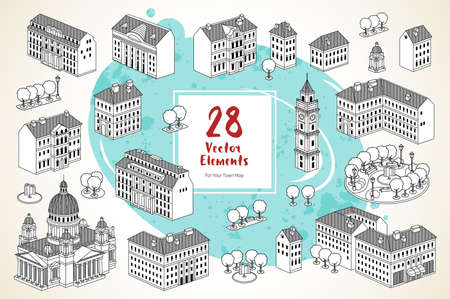 Vector elements set with houses, trees and fountain. Black and white graphics of Old Town. Decor for design template, card, certificate, infographic, business card, web page design, town map.のイラスト素材