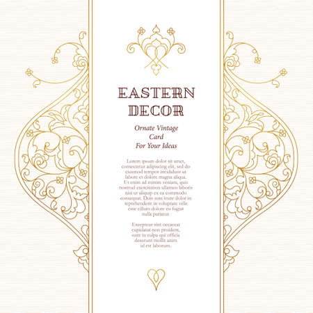 Ornate vintage card. Outline floral golden decor in Eastern style. Template frame for Ramadan Kareem greeting card, wedding invitation, certificate, leaflet, poster. Vector border with place for text.のイラスト素材
