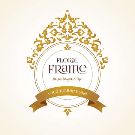 Vector logo template. Golden ornate element for design. Place for company name, slogan, monogram. Floral ornament for business card, boutique brand, certificate, business sign, coat of arms, blazon.のイラスト素材