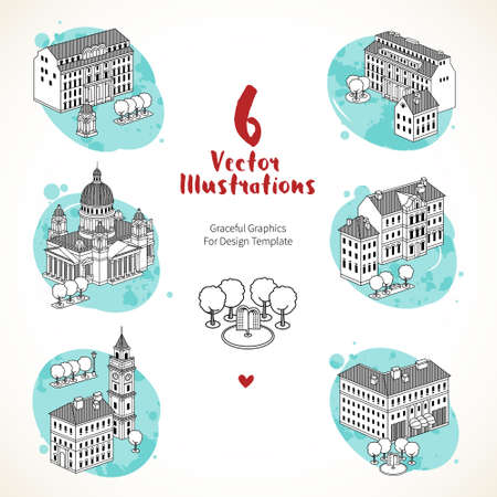 Vector icon set with houses, trees and fountain. Black and white graphics of Old Town. Decor for design template, card, certificate, infographic elements, business card, web page design, town map.のイラスト素材