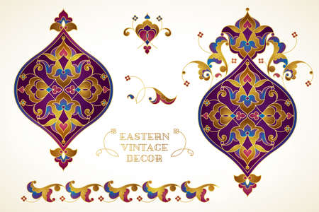 Vector set of vintage golden vignettes in Eastern style. Bright element for design. Ornamental patterns for wedding invitations, birthday, cards, Ramadan Kareem greetings. Traditional Islamic decor.のイラスト素材
