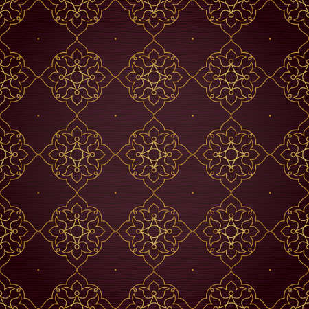 Vector seamless pattern with golden ornament. Vintage design in Eastern style. Ornamental lace tracery. Ornate outline decor for wallpaper. Traditional arabic illustration with floral elements.のイラスト素材