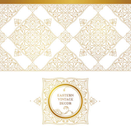 Vector seamless border in Eastern style. Ornate golden element for design. Frame, place for text. Ornament for invitations, birthday, greeting cards, web pages. Floral oriental decor. Luxury wallpaper.のイラスト素材