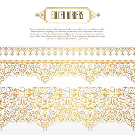 Vector set of line art seamless borders for design. Element in Eastern style. Golden outline floral decor for invitation, greeting card, thank you message, wallpaper, web page template.のイラスト素材