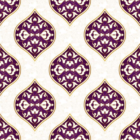 Vector seamless pattern with floral ornament. Vintage design in Eastern style. Ornamental lace tracery. Ornate floral decor for wallpaper. Traditional arabic illustration with golden elements.のイラスト素材