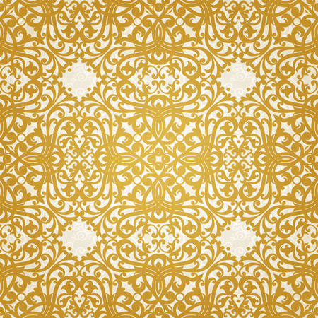 Vector seamless pattern with swirls and floral motifs in retro style. Golden Victorian background. It can be used for wallpaper, pattern fills, web page background, surface textures.のイラスト素材