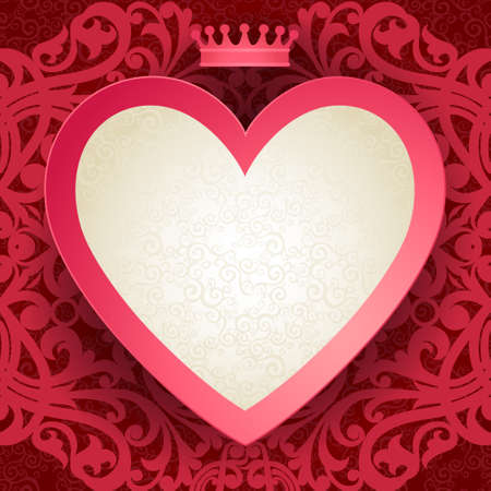 Vintage invitation card with heart and floral motifs. Red Victorian background. Template frame design for greeting and wedding card. You can place your text in the empty place.のイラスト素材