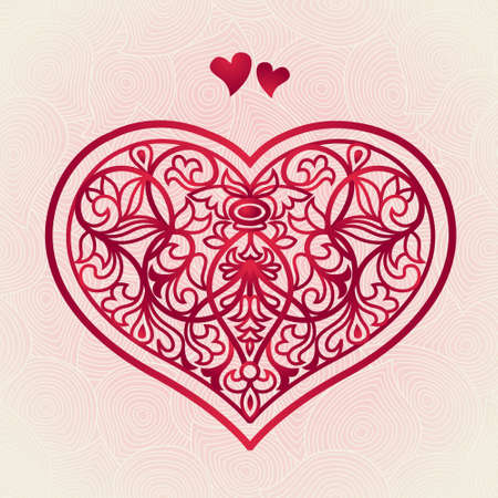 Ornate red heart on pink seamless background. Vector baroque lacy pattern. Element for design. It can be used for decorating of invitations, greeting cards, decoration for bags and clothes.のイラスト素材