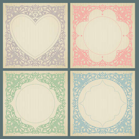 Vintage greeting cards with swirls and floral motifs in retro style. Template frame design for wedding invitation. Vector border in Victorian style. You can place your text in the empty frame.のイラスト素材