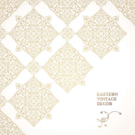 Vector pattern with outline golden ornament. Vintage design in Eastern style. Ornamental lace tracery. Ornate floral decor for wallpaper. Traditional arabic illustration with line art elements.のイラスト素材