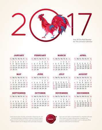 Vector calendar for 2017. Illustration of Red Rooster, symbol of 2017 on the Chinese calendar. Silhouette of cock, decorated with floral patterns. Place for text. Template with week starts Sunday.のイラスト素材