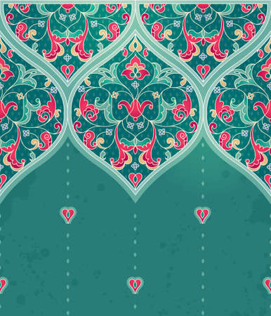 Vector seamless border in Eastern style. Ornate turquoise element for design. Place for text. Ornament for invitations, birthday, greeting cards, web pages. Floral oriental decor. Luxury wallpaper.のイラスト素材