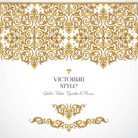 Vector set of golden vignettes and borders for design template. Elements in Victorian style. Luxury floral frames. Ornate decor for invitations, greeting cards, certificate, thank you message.のイラスト素材