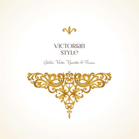 Ornate vintage vignette. Luxury floral golden decor in Victorian style. Template frame for greeting card, wedding invitation, certificate, leaflet, poster. Vector border with place for text.のイラスト素材