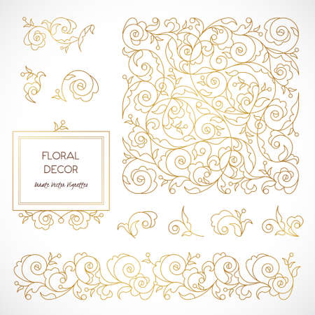 Vector set frames and vignette for design template. Vintage element in Eastern style. Outline floral illustration. Ornate golden decor for invitation, birthday and greeting card, labels, thank you message.のイラスト素材