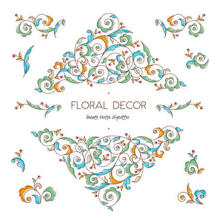 Vector set frames and vignette for design template. Vintage element in Eastern style. Outline floral illustration. Ornate decor for invitation, birthday and greeting card, labels, thank you message.のイラスト素材