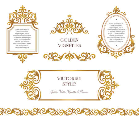 Vector set frames and vignette for design template. Element in Victorian style. Golden floral seamless border. Ornate decor for invitation, greeting card, certificate, thank you message.のイラスト素材