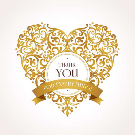 Ornate vector heart in Victorian style. Elegant element for design, place for text. Golden floral illustration for wedding invitations, greeting cards, Valentines cards. Thank you message.のイラスト素材