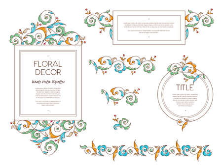 Vector set frames and vignette for design template. Vintage element in Eastern style. Outline floral illustration. Ornate decor for invitation, birthday and greeting card, labels, thank you message.のイラスト素材